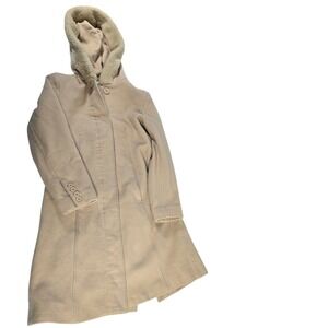 Charles Klein Women's Beige Wool Blend Coat with Sherpa Lined Hood Size 4